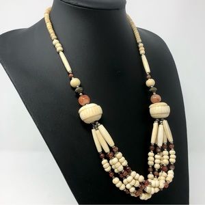 Tribal vintage bone bead and carnelian multi-strand necklace